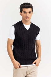 Black Cabling V Neck Sleeveless Sweater SWT-FSLVN22-200
